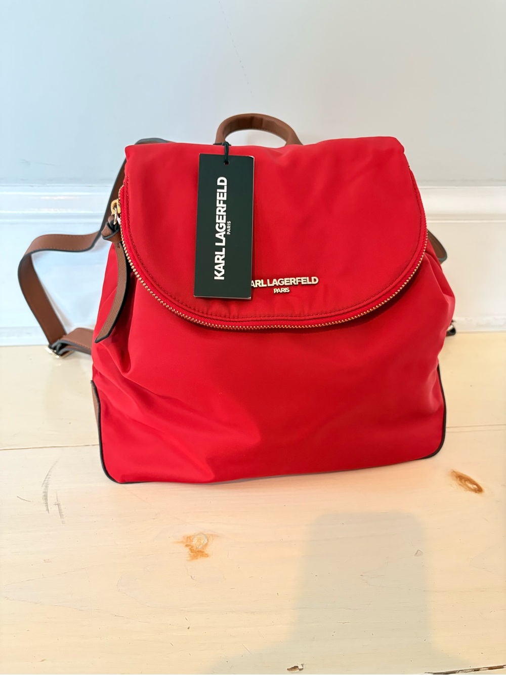 Karl Lagerfeld Bright Red Backpack with Brown Accents